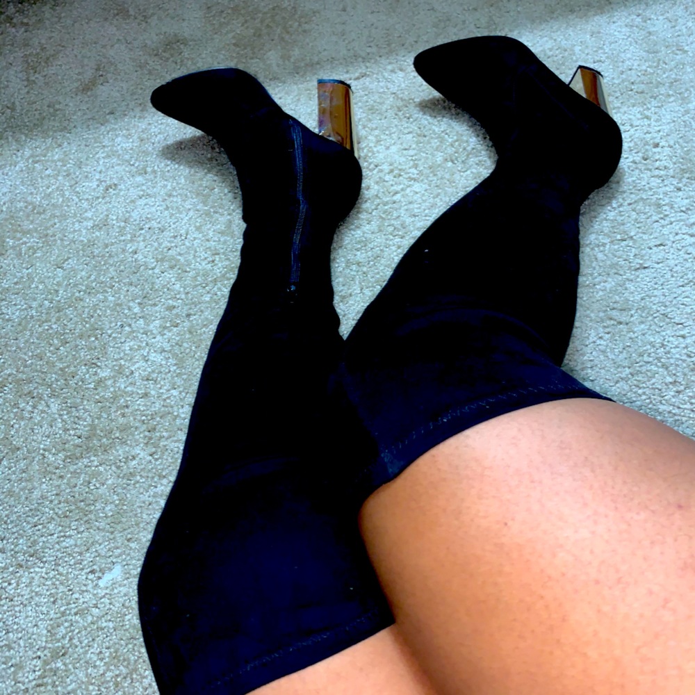 Over the knee gold heel booties